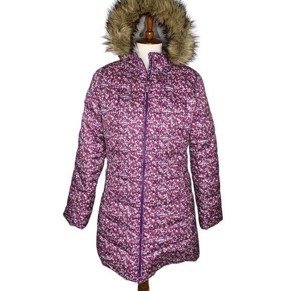 Lands End Girls Fleece Lined ThermoPlume Hooded Coat Size XL 16 Down Alternative